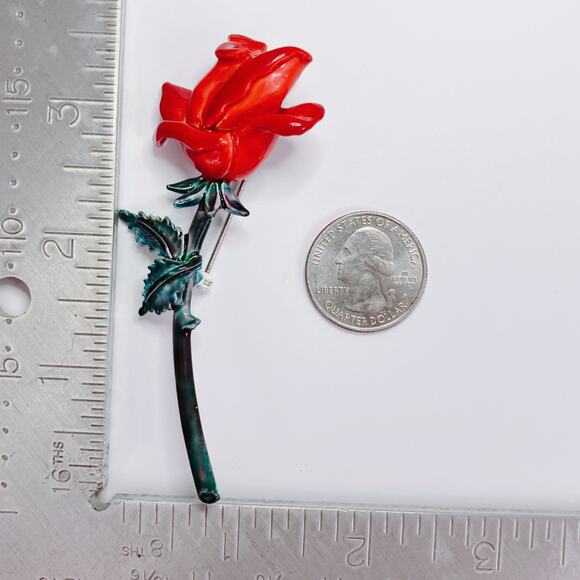 Vintage 70s 80s Red Enamel Rose Brooch Gold Tone Floral Pin Fun Flower Power - Picture 11 of 12